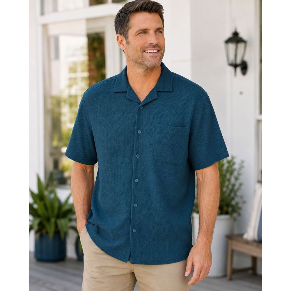 Original Use XL Dark Teal Textured Button Up Camp Shirt Short Sleeve Pocket #14